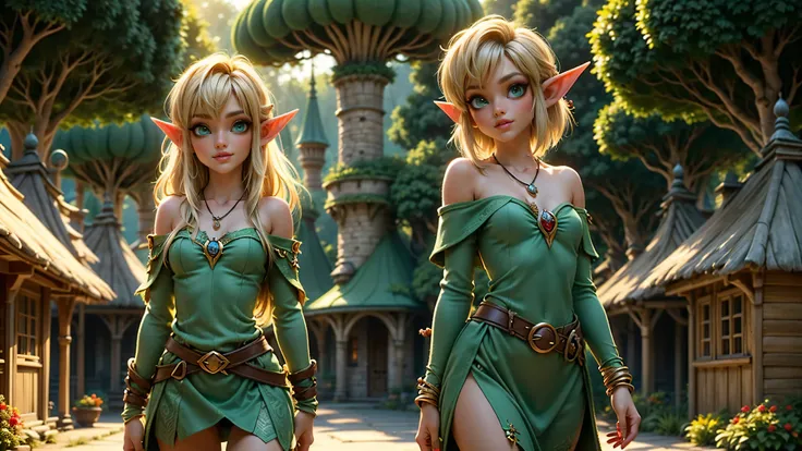 ((young woodland warrior elf girl)), ((walking through a woodland village)), ((multiple male elves turning to look at her)), ((elf girl focus)), long hair, small pointy ears, ((round breasts)), thigh-highs, formfitting eleven clothes, tight clothes, ((loo...