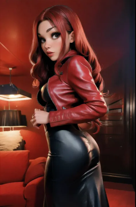 extremely detailed photo of a woman, loraelizabeth, scarlet witch, avengers, wearing black lace dress, open red leather jacket, 8k uhd, RAW photography, model photoshoot