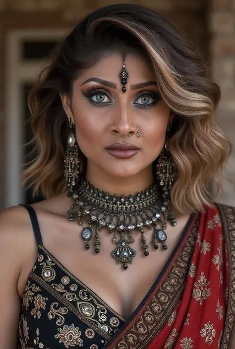 high quality full body Closeup shot, slim arms, milf, demoness mommy, sexy sleeveless blouse, sensual demoness, queen of the dark world, mother of demons, heavy breasts Indian aunty, attractive figure, huge massive breast, cougar lady witch, horny Gothic m...