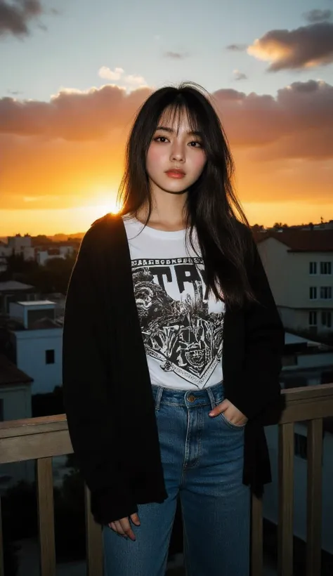 Aesthetically pleasing sunset, Cute sexy girl wearing a t-shirt and jeans, large and prominent breast showing her cleavage and pokies, Ultra HD portrait, exquisitely beautiful and detailed Photorealistic portrait, Suburban setting houses and shops in the ...