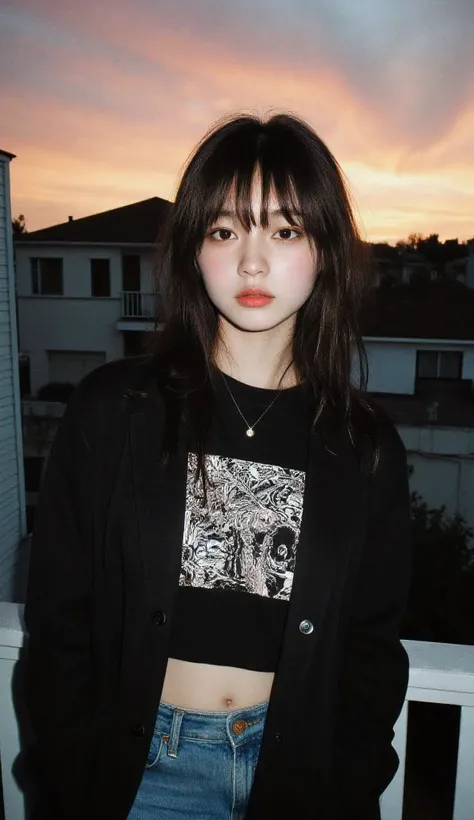 Aesthetically pleasing sunset, Cute sexy girl wearing a t-shirt and jeans, large and prominent breast showing her cleavage and pokies, Ultra HD portrait, exquisitely beautiful and detailed Photorealistic portrait, Suburban setting houses and shops in the ...