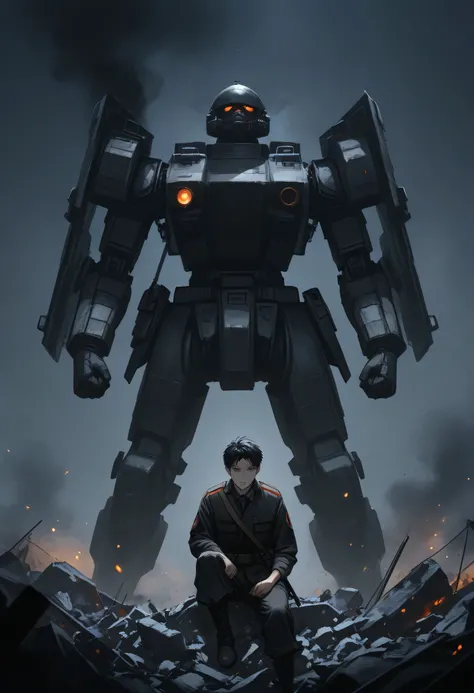 Futuristic Battlefield　1 male about 40 years old　Short Hair　bare hands　Black smoke　 Smoky 　sitting on the rubble　 dim sky　Asahi from afar　gaze into the distance　