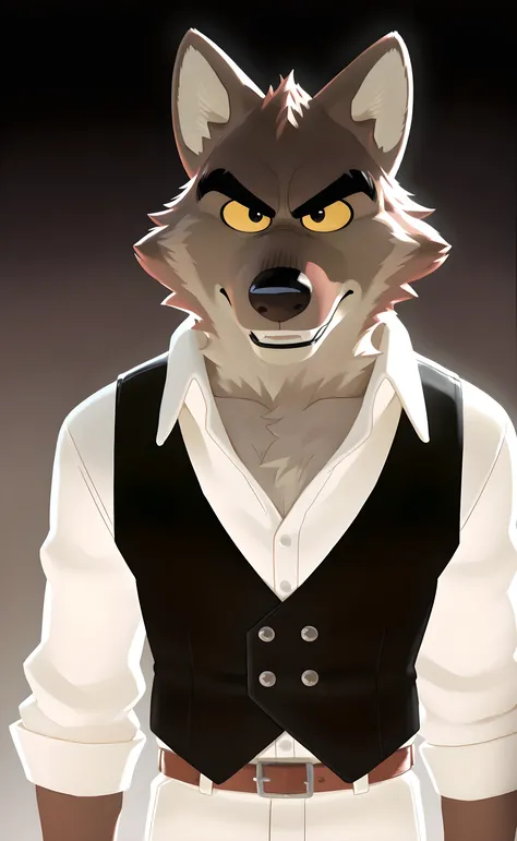 MrWolf, 1boy, mature male, anthro, wolf, grayish brown body, black eyes, yellow sclera, colored sclera, animal ears, broad shoulders, athletic build, light underbelly, thick eyebrows, 4k, high resolution, best quality, detailed, posted on e621, solo, anthr...