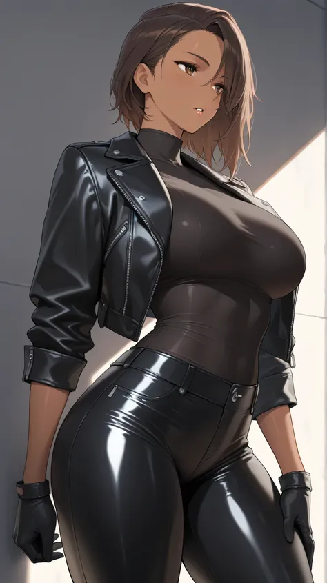 masterpiece, best quality, good quality,
1girl, black gloves, black pants, brown hair, black leather jacket, leather pants, mole, mole under eye, pants, parted lips, solo, standing, tight clothes, tight pants, tanned skin