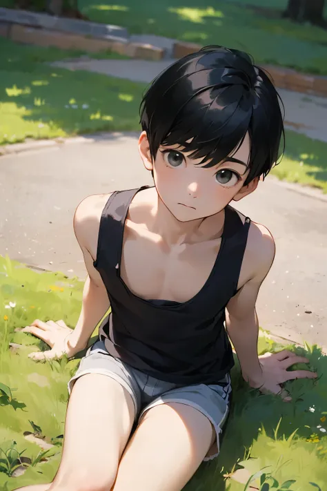 ((Masterpiece:1.2)), (Top Quality), (1boy:1.2), alone, (8--old:), on the park lawn, sitting, picnic, short hair, black hair, wearing a white tank top and cotton shorts, in front, from above, Extend one hand forward, expressionless, looking at me, cowboy sh...