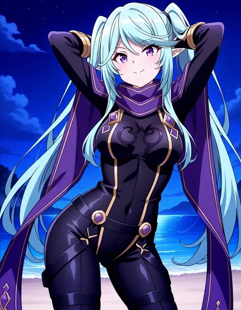 epsil0n, pointy ears, very long hair, sidelocks, aqua hair, twintails, purple eyes,
purple scarf, black bodysuit, gold trim, black gloves, thigh straps, small breasts, anime screencap, shiny skin, high quality, solo, night sky, beach, arms behind head, (co...