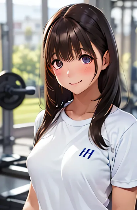 ((1 girl,solo))((black brown hair,long hair))(((buruma), dark blue buruma, school, gym shirts, white shirts, white t-shirts, short sleeves, gym uniform))((thigh))((indoor))((standing))((v-shaped eyebrows))((half closed eyes))((sharp eyes))((sweat,blush,clo...