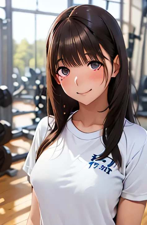 ((1 girl,solo))((black brown hair,long hair))(((buruma), dark blue buruma, school, gym shirts, white shirts, white t-shirts, short sleeves, gym uniform))((thigh))((indoor))((standing))((v-shaped eyebrows))((half closed eyes))((sharp eyes))((sweat,blush,clo...