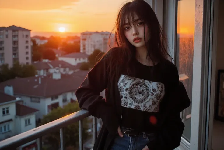 Aesthetically pleasing sunset, Cute sexy girl wearing a t-shirt and jeans, large and prominent breast showing her cleavage and pokies, Ultra HD portrait, exquisitely beautiful and detailed Photorealistic portrait, Suburban setting houses and shops in the ...