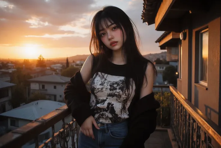 Aesthetically pleasing sunset, Cute sexy girl wearing a t-shirt and jeans, large and prominent breast showing her cleavage and pokies, Ultra HD portrait, exquisitely beautiful and detailed Photorealistic portrait, Suburban setting houses and shops in the ...