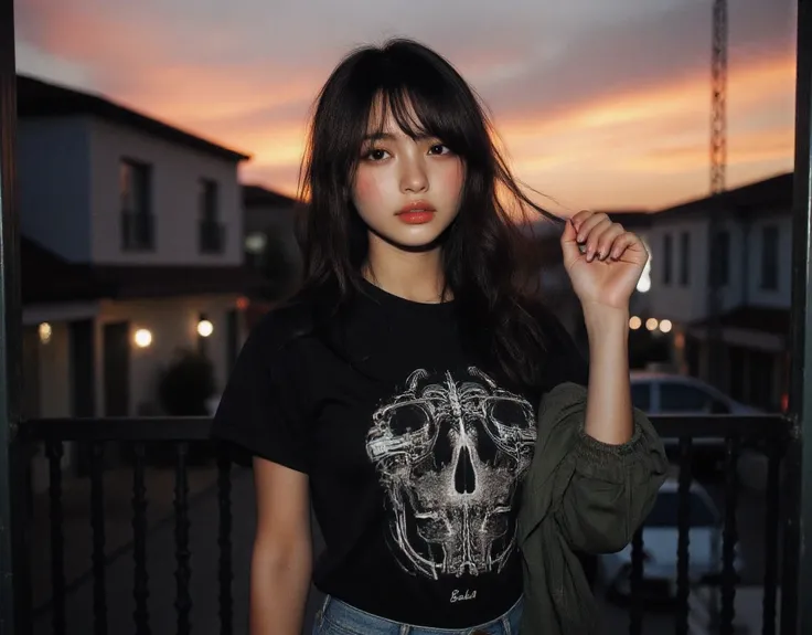 Aesthetically pleasing sunset, Cute sexy girl wearing a t-shirt and jeans, large and prominent breast showing her cleavage and pokies, Ultra HD portrait, exquisitely beautiful and detailed Photorealistic portrait, Suburban setting houses and shops in the ...