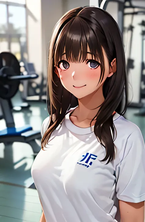 ((1 girl,solo))((black brown hair,long hair))(((buruma), dark blue buruma, school, gym shirts, white shirts, white t-shirts, short sleeves, gym uniform))((thigh))((indoor))((standing))((v-shaped eyebrows))((half closed eyes))((sharp eyes))((sweat,blush,clo...