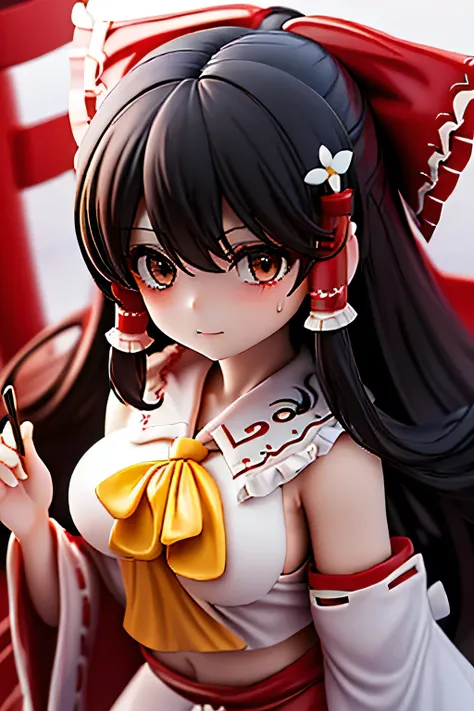 perfect anatomy　best quality,highest resolution,(((shiny latex white and red shrine maiden dress　brown eyes　 shiny black hair　shiny skin　sweat)))　Receiving Foreign Ability　Reimu Hakurei　[blurry]　16k