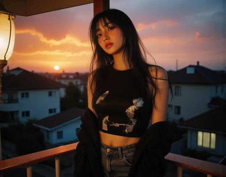 Aesthetically pleasing sunset, Cute sexy girl wearing a t-shirt and jeans, large and prominent breast showing her cleavage and pokies, Ultra HD portrait, exquisitely beautiful and detailed Photorealistic portrait, Suburban setting houses and shops in the ...