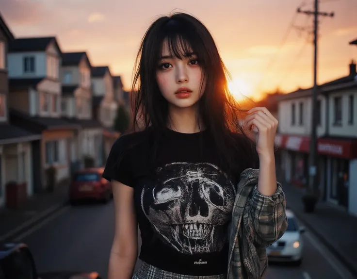 Aesthetically pleasing sunset, Cute sexy girl wearing a t-shirt and plaid mini-skirt , large and prominent breast showing her cleavage and pokies, Ultra HD portrait, exquisitely beautiful and detailed Photorealistic portrait, Suburban setting houses and s...