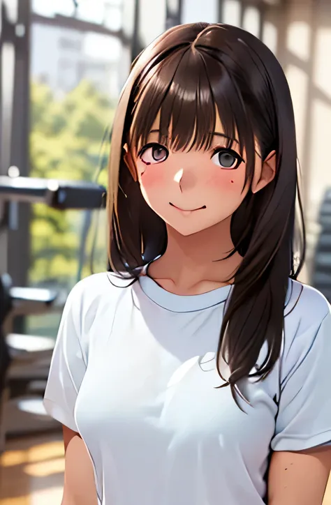 ((1 girl,solo))((black brown hair,long hair))(((buruma), dark blue buruma, school, gym shirts, white shirts, white t-shirts, short sleeves, gym uniform))((thigh))((indoor))((standing))((v-shaped eyebrows))((half closed eyes))((sharp eyes))((sweat,blush,clo...
