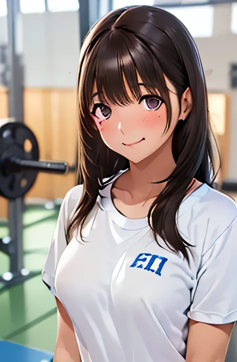 ((1 girl,solo))((black brown hair,long hair))(((buruma), dark blue buruma, school, gym shirts, white shirts, white t-shirts, short sleeves, gym uniform))((thigh))((indoor))((standing))((v-shaped eyebrows))((half closed eyes))((sharp eyes))((sweat,blush,clo...
