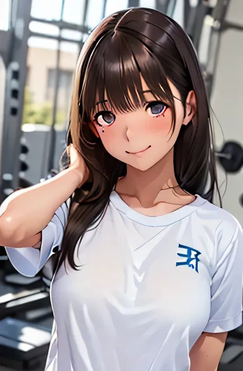 ((1 girl,solo))((black brown hair,long hair))(((buruma), dark blue buruma, school, gym shirts, white shirts, white t-shirts, short sleeves, gym uniform))((thigh))((indoor))((standing))((v-shaped eyebrows))((half closed eyes))((sharp eyes))((sweat,blush,clo...