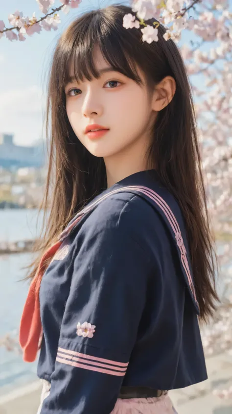 (full_body_shot:1.5), (8k, RAW photography:1.5), (Super Hyperrealism:1.4), (masterpiece:1.4), (photorealistic:1.4), (highly detailed:1.4), professional lighting, (deliberate expression:1.4).
(Girls wearing a navy blue long-sleeved sailor suits with pink li...