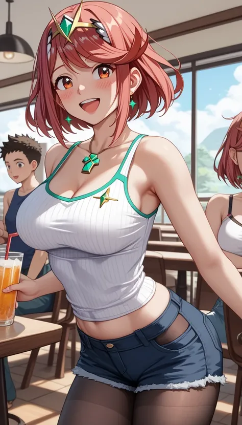 score_9, score_8_up, score_7_up, source_anime、top quality、8k、 masterpiece、ultra high definition、 natural light、perfect anatomy、 perfect eye、beautiful eyes、((((two women))))、medium breasts、saggy breasts:1.2、Pyra , mythra, ( tight tank top、shorts、pantyhose)、...