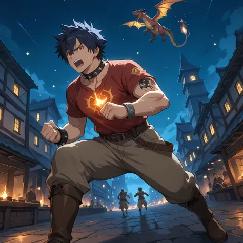 (a man similar to Gray Fullbuster, man with his back to the viewer, developed physique, worn red shirt tightening his chest, long brown pants, man clenching his fists and in battle pose, brown leather boots, spiked collar, red eyes, dragon tattoo on his ri...