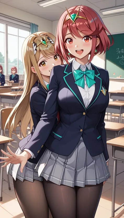 score_9, score_8_up, score_7_up, source_anime、top quality、8k、 masterpiece、ultra high definition、 natural light、perfect anatomy、 perfect eye、beautiful eyes、((((two women))))、medium breasts、saggy breasts:1.2、Pyra , mythra, (school uniform、blazer、ribbon、minis...
