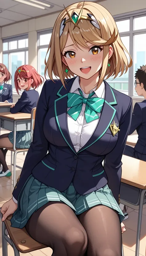 score_9, score_8_up, score_7_up, source_anime、top quality、8k、 masterpiece、ultra high definition、 natural light、perfect anatomy、 perfect eye、beautiful eyes、((((two women))))、medium breasts、saggy breasts:1.2、Pyra , mythra, (school uniform、blazer、ribbon、tight...