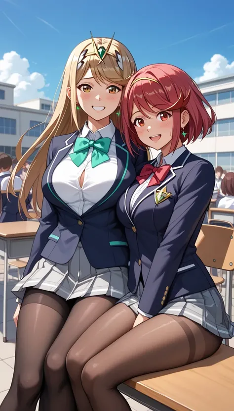 score_9, score_8_up, score_7_up, source_anime、top quality、8k、 masterpiece、ultra high definition、 natural light、perfect anatomy、 perfect eye、beautiful eyes、((((two women))))、medium breasts、saggy breasts:1.2、Pyra , mythra, (school uniform、blazer、ribbon、tight...