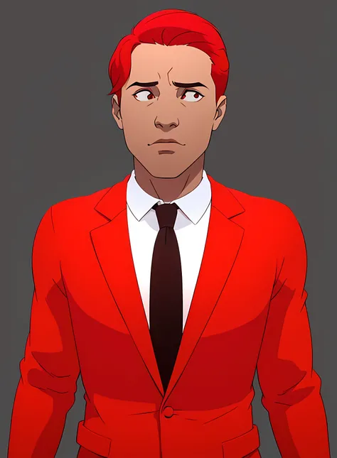 Eddie-Red A young man, red hair, combed hair, red eyes, wearing a red suit jacket, black tie