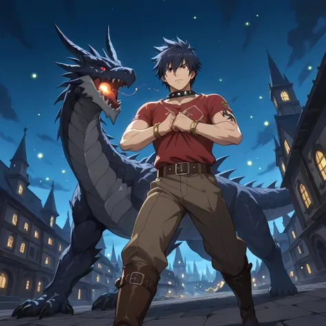 ((Tales of Berseria style anime art)) | {1man}:(a man similar to Gray Fullbuster, man with his back to the viewer, developed physique, worn red shirt tightening his chest, long brown pants, man clenching his fists and in battle pose, brown leather boots, s...