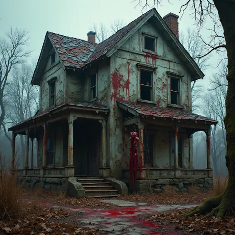 made of blood and gore. Create an eerie Halloween scene featuring a haunted house with a hanged man . The house should be old and decrepit, with cracked walls, broken windows, and overgrown vegetation, exuding an atmosphere of abandonment and fear. 
