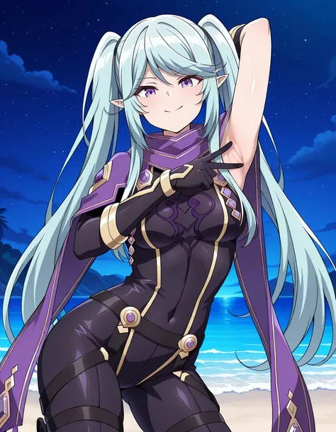 epsil0n, pointy ears, very long hair, sidelocks, aqua hair, twintails, purple eyes,
purple scarf, black bodysuit, gold trim, black gloves, thigh straps, small breasts, anime screencap, shiny skin, high quality, solo, upper body, (contrapposto), v, spread a...