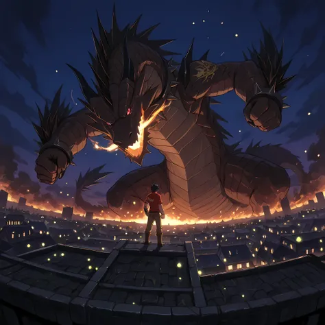 {1man}:(a man similar to Gray Fullbuster, man with his back to the viewer, developed physique, worn red shirt tightening his chest, long brown pants, man clenching his fists and in battle pose, brown leather boots, spiked collar, red eyes, dragon tattoo on...