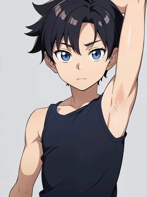 Highres, Masterpiece, Best quality at best,Best Quality,hight quality, hight detailed, Anime style, age 12, 1boy, Boy, Shota, Solo person, young boy, upper body, slim body, Sleeveless shirt, bare shoulder, grey background, (Showing armpit:1.3), Give me a p...