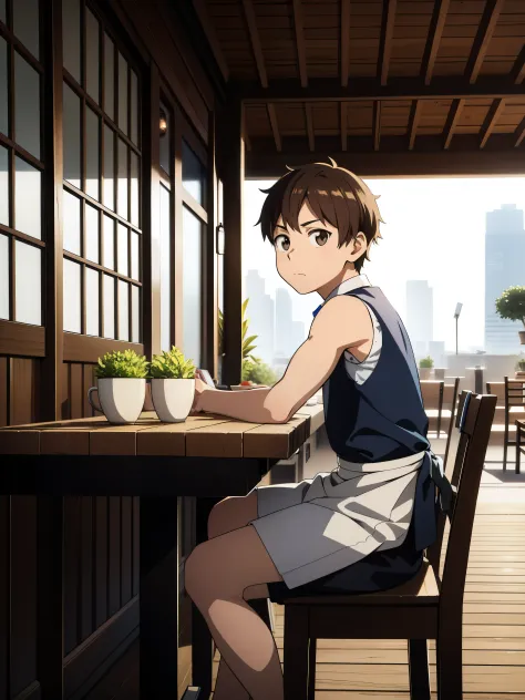 high-quality, masterpiece, 1boy, Boy, Shota, cute face, sleeveless vest, tie, waiter, cafe, anime, photorealistic, 8K, hyper detailed, cinematic lighting, warm color palette, intricate clothing folds, expressive facial features, sitting at cafe table, hold...