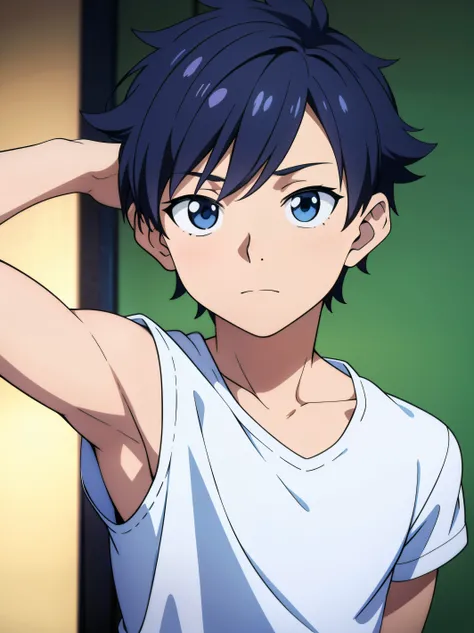 high-quality, masterpiece, 1boy, Boy, Shota, cute face, a boy is showing off his armpits, anime, detailed portrait of a young anime boy with a cute and innocent face, wearing an open shirt revealing his armpits, looking shy and bashful, surrounded by a sof...