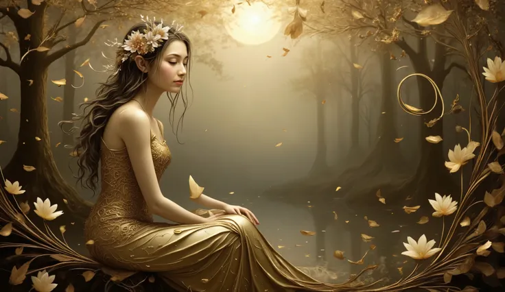 Fantasy-style painting of a young girl sitting in an enchanted forest at twilight. Her hair, shimmering in vibrant and glowing gold , flows, entwined with intricate zentangle flowers and swirling cranberries. The scene is bathed in soft moonlight with d...