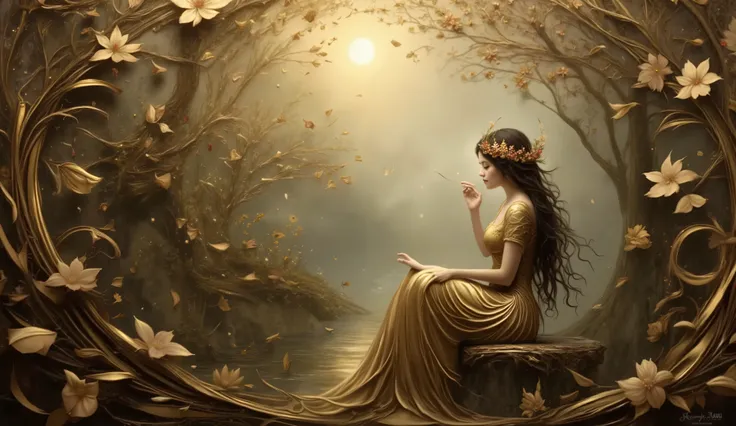 Fantasy-style painting of a young girl sitting in an enchanted forest at twilight. Her hair, shimmering in vibrant and glowing gold , flows, entwined with intricate zentangle flowers and swirling cranberries. The scene is bathed in soft moonlight with d...