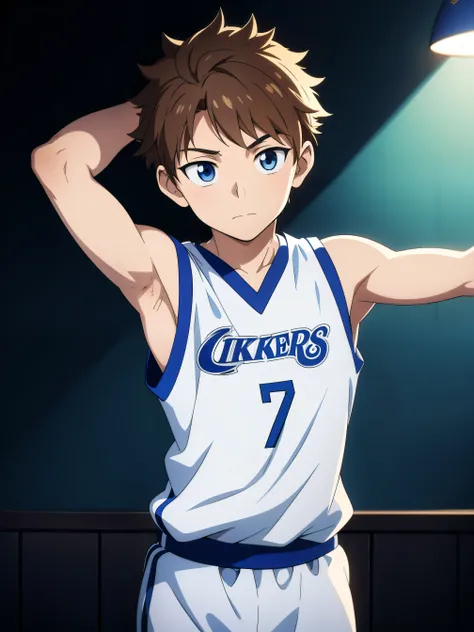 high-quality, masterpiece, 1boy, Boy, Shota, cute face, a boy is showing off his armpits, anime, detailed portrait of a young anime boy with a cute and innocent face, basketball uniform, revealing his armpits, looking shy and bashful, surrounded by a soft,...