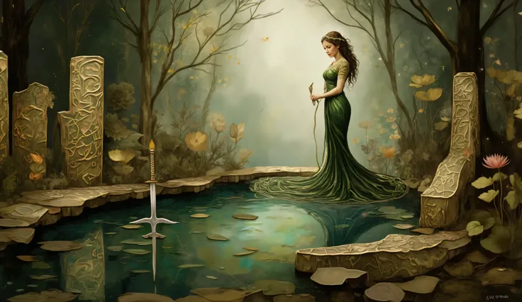 an illustration of a mystical lake inspired by The Mists of Avalon, featuring the Lady of the Lake, radiant and imposing, standing among rune-inscribed stones glowing with magic as Excalibur emerges from the water; the scene is bathed in ethereal moonligh...