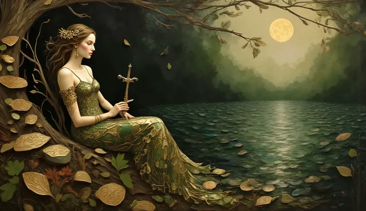 an oil painting in the style of John William Waterhouse, depicting the Lady of the Lake, powerful and serene, as she conjures magic around glowing rune-covered stones while Excalibur emerges from the dark, shimmering water; the moon’s light reflects off th...