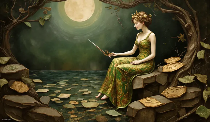 an oil painting in the style of John William Waterhouse, depicting the Lady of the Lake, powerful and serene, as she conjures magic around glowing rune-covered stones while Excalibur emerges from the dark, shimmering water; the moon’s light reflects off th...
