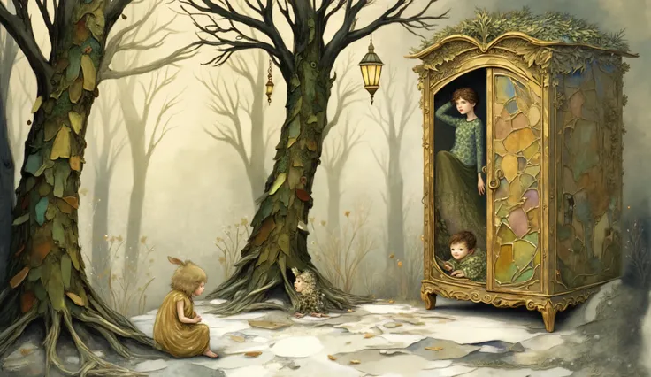 A whimsical watercolor painting in the style of Beatrix Potter, depicting an antique wooden wardrobe standing slightly ajar, revealing a snowy forest with towering trees and glowing lanterns. A small group of ren peers inside, their expressions filled with...