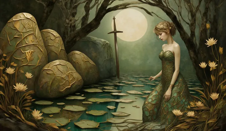 an illustration of a mystical lake inspired by The Mists of Avalon, featuring the Lady of the Lake, radiant and imposing, standing among rune-inscribed stones glowing with magic as Excalibur emerges from the water; the scene is bathed in ethereal moonligh...