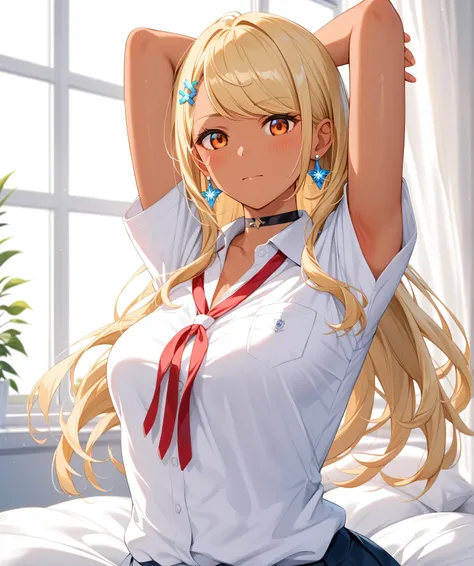 master piece、Best Quality,Super detailed,High resolution,Extremely detailed CG,Unity 8K Wallpaper,weat,score_9, score_8_up, score_7_up, score_6_up, score_5_up, score_4_up, source_anime,QpiOriginal, orange eyes, dark skin, blonde hair, long hair, swept bang...
