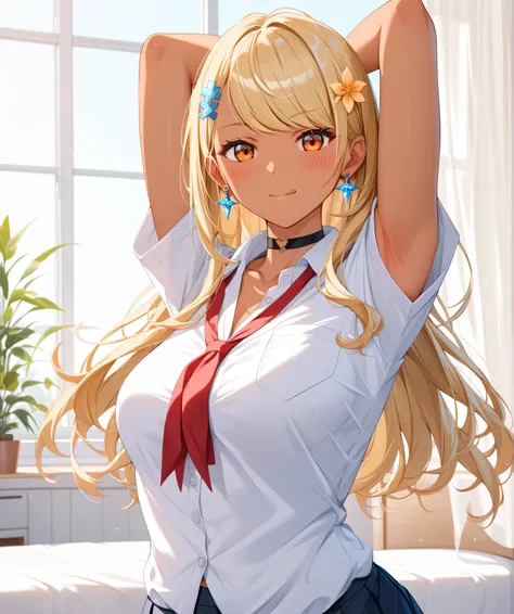 master piece、Best Quality,Super detailed,High resolution,Extremely detailed CG,Unity 8K Wallpaper,weat,score_9, score_8_up, score_7_up, score_6_up, score_5_up, score_4_up, source_anime,QpiOriginal, orange eyes, dark skin, blonde hair, long hair, swept bang...