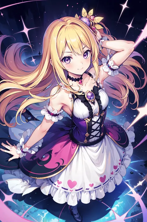 Cute magical girl , ( Double Bomb , Brant Bang, straight blond hair ), Smile, compensate, purple eyes, small , Small Curvy Body,dynamic perspective,mischievous posture, a dress blown by the wind,white gothic bear top dress , choker, hands rais...