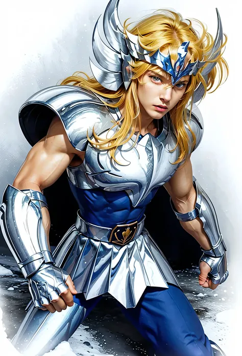 ((Realistic)), ((cinematic)), ((photorealistic)), A highly realistic depiction of Hyoga (Cygnus) from Saint Seiya, closely resembling the anime reference. He is a male warrior with a strong yet youthful face, sharp blue eyes, and long golden-blond hair th...