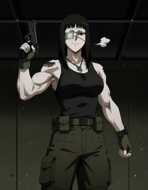 1girl,solo,mm,mature female,black hair,eyepatch,brown eyes,medium breasts,anime coloring,long hair, muscular, black sport Elastic fiber tank top and dark black loose military combat trousers with belt,cowboy shot,in military base, ,masterpiece,best ...