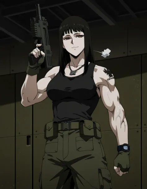 1girl,solo,mm,mature female,black hair,brown eyes,medium breasts,anime coloring,long hair, muscular, black sport Elastic fiber tank top and dark black loose military combat trousers with 2 belt,cowboy shot,in military base, ,masterpiece,best quality...